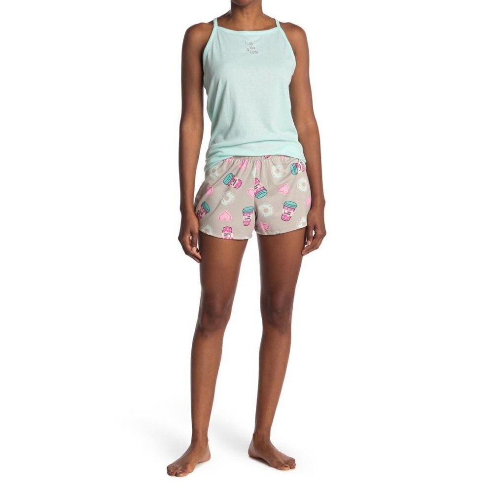 PJ Couture Womens Blue Pink Graphic Tank Top Shorts 2 Pc Pajamas Set Sz L New